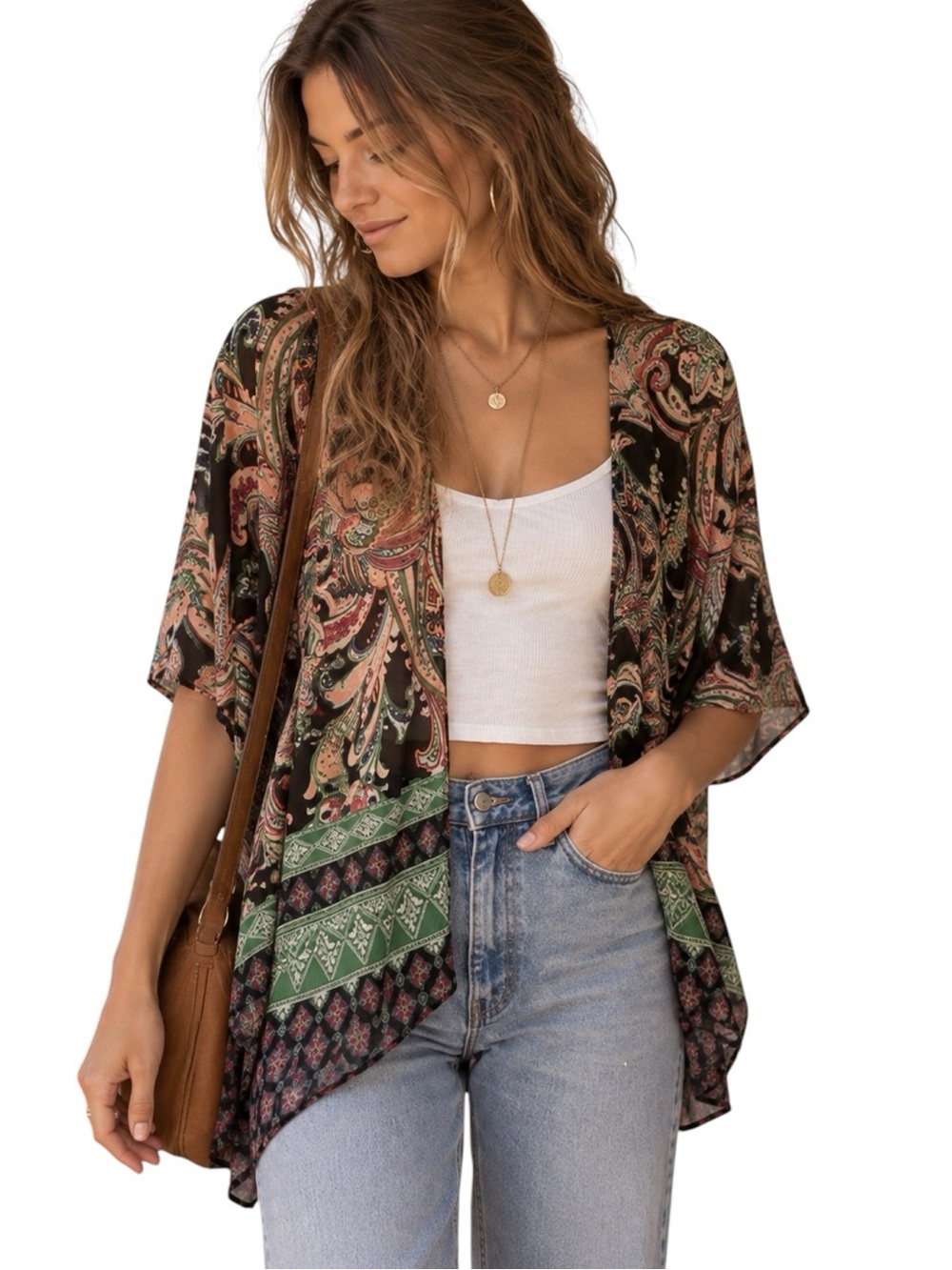 💖NWOT A'Gaci Women’s Paisley Boho Festival Flowy Fall Open Kimono Blouse Top | L